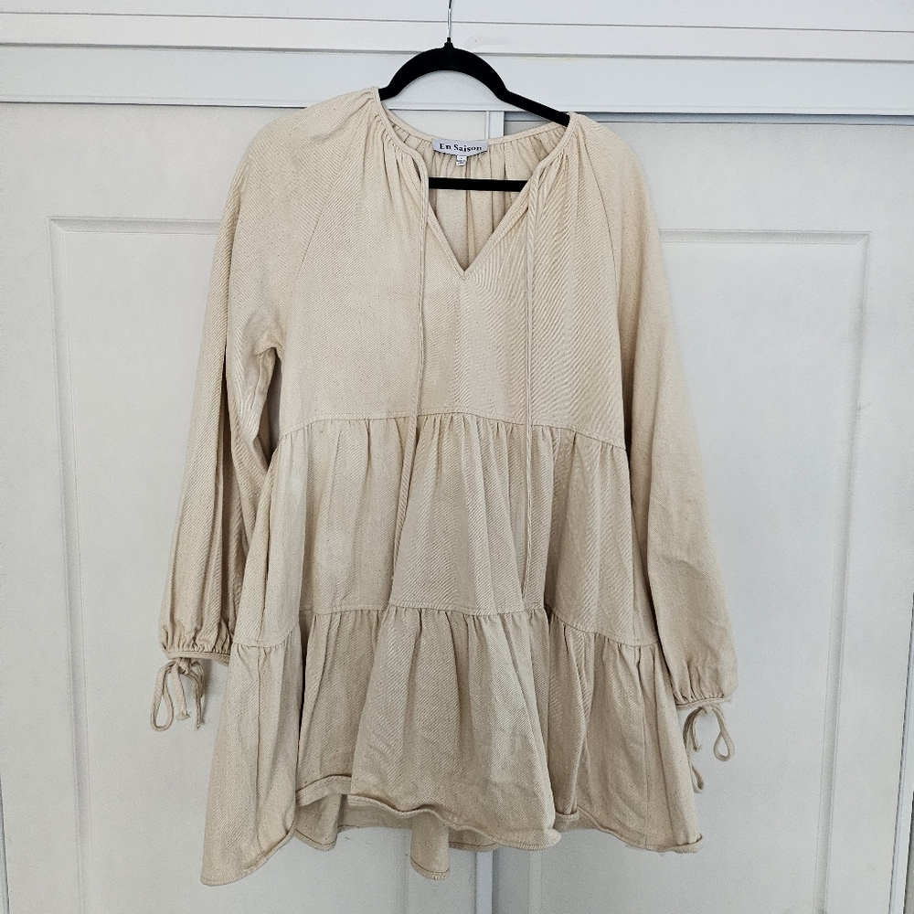 En Saison heavy denim tiered babydoll dress, Size Large in Ecru - Picture 2 of 5